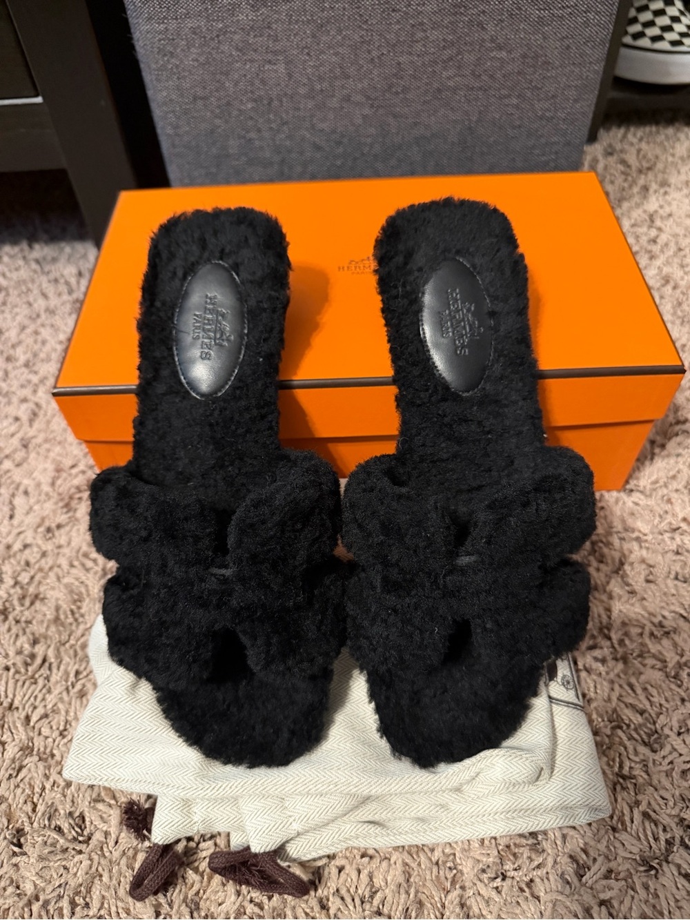 Hermes Black Furry Oran Sandals Size 36